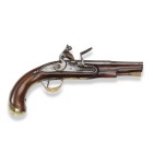 Steinschlosspistole, deutsch ?, um 1780

Z 2-3
L 31 cm

Gekürzter Rundlauf (L 17 cm), Kal. 13 mm, mit oktogonalem Kammerbereich, links markiert mit Wa...