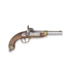 Perkussionspistole, eidg. Ord. 1842, Waadt

Z 2
L 36 cm

Kal. 18 mm. Kamin def., Schlossplatte sig. "A. FRANCOTTE LIÈGE". Messinggarnitur. Nussbaumsch...