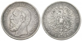 Alemania. Baden. Friedrich Grosherzog. 2 marcos. 1876. Karlsruhe. G. (Km-265). Ag. 10,92 g. Escasa. BC+. Est...30,00.