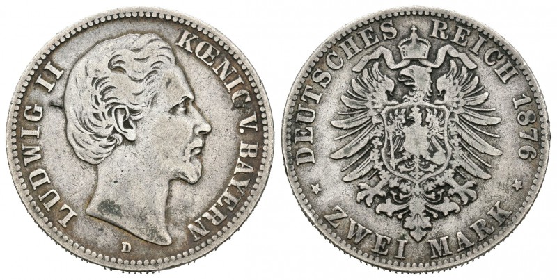 Alemania. Bavaria. Ludwig II. 2 marcos. 1876. Munich. D. (Km-903). Ag. 10,84 g. ...