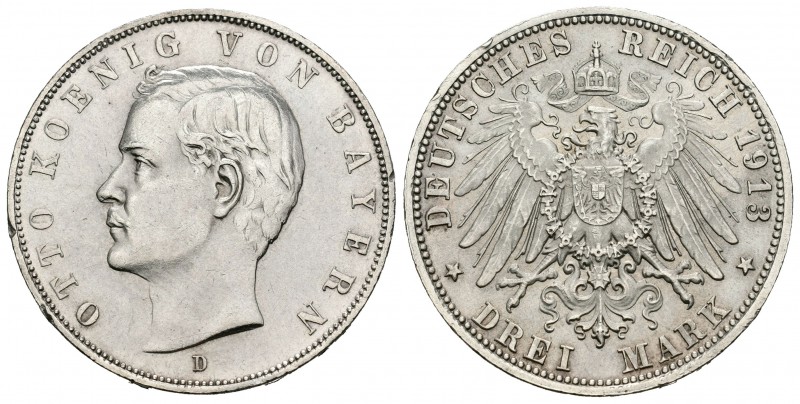 Alemania. Bavaria. Otto. 3 marcos. 1913. Munich. D. (Km-996). (Dav-467). Ag. 16,...