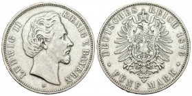 Alemania. Bavaria. Ludwing II. 5 marcos. 1876. Munich. D. (Km-502). (Dav-616). Ag. 27,51 g. MBC+. Est...50,00.