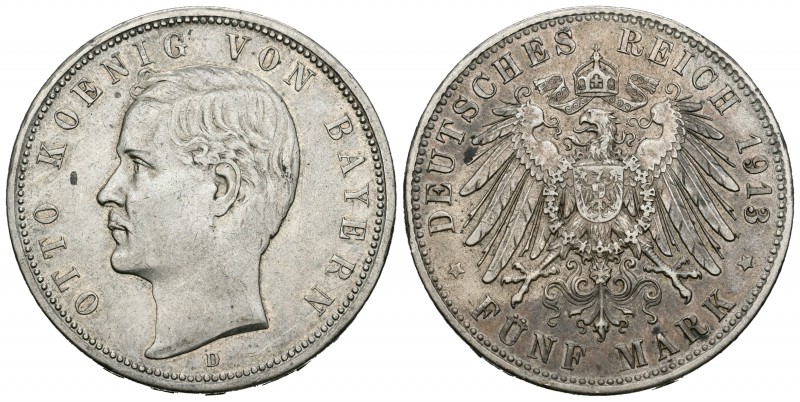 Alemania. Bavaria. Otto. 5 marcos. 1913. Munich. D. (Km-915). (Dav-618). Ag. 27,...