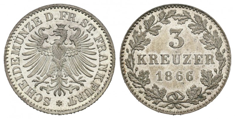 Alemania. Frankfurt am Main. Wilhelm IV. 3 kreuzer. 1866. (Km-373). Ag. 1,22 g. ...