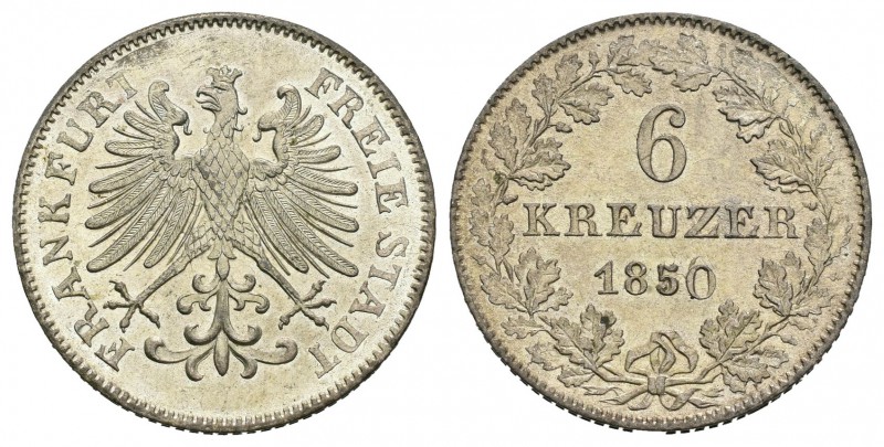 Alemania. Frankfurt am Main. 6 kreuzer. 1850. (Km-335). Ag. 2,60 g. SC. Est...20...