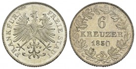 Alemania. Frankfurt am Main. 6 kreuzer. 1850. (Km-335). Ag. 2,60 g. SC. Est...20,00.