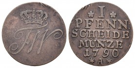 Alemania. Prussia. Friederich Wilhelm II. 1 pfennig. 1790. Berlín. A. (Km-353a). Ae. 2,13 g. MBC. Est...25,00.