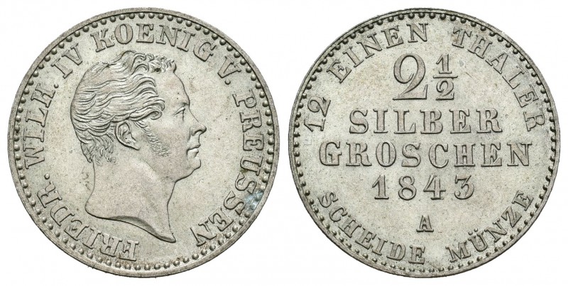 Alemania. Prussia. Wilhelm II. 2 1/2 silver groschen. 1843. Berlín. A. (Km-444)....