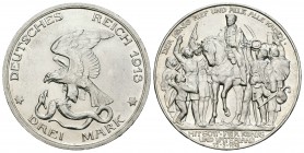 Alemania. Prussia. Wilhelm II. 3 marcos. 1913. Berlín. A. (Km-534). Ag. 16,32 g. Centenario de la victoria sobre Napoleón. SC-. Est...45,00.