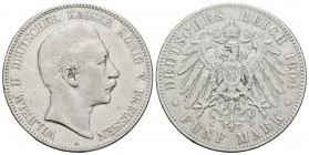Alemania. Prussia. Wilhelm II. 5 marcos. 1904. Berlín. A. (Km-523). Ag. 27,50 g. MBC-. Est...25,00.