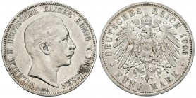 Alemania. Prussia. Wilhelm II. 5 marcos. 1907. Berlín. A. (Km-523). Ag. 27,69 g. Golpecito en el canto. MBC+. Est...50,00.
