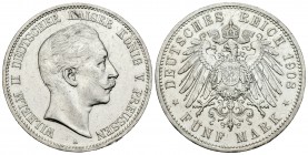 Alemania. Prussia. Wilhelm II. 5 marcos. 1908. Berlín. A. (Km-523). (Dav-789). Ag. 27,69 g. Suevemente limpiada. MBC+. Est...40,00.