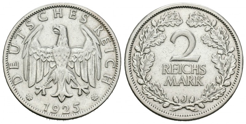Alemania. Wiemar Republic. 2 marcos. 1925. Hamburgo. J. (Km-45). Ag. 9,96 g. Lim...