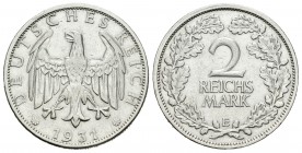 Alemania. Wiemar Republic. 2 marcos. 1931. Muldenhutten. E. (Km-45). Ag. 9,72 g. MBC. Est...40,00.