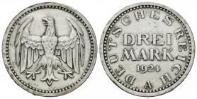 Alemania. Wiemar Republic. 3 marcos. 1924. Berlín . A. (Km-43). Ag. 15,07 g. Liheramente limpiada. MBC+. Est...40,00.