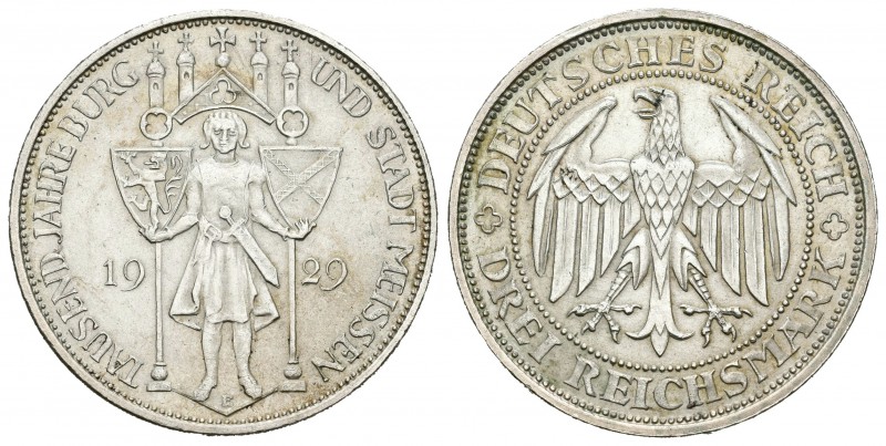 Alemania. Wiemar Republic. 3 marcos. 1929. Muldenhutten. E. (Km-65). Ag. 14,91 g...