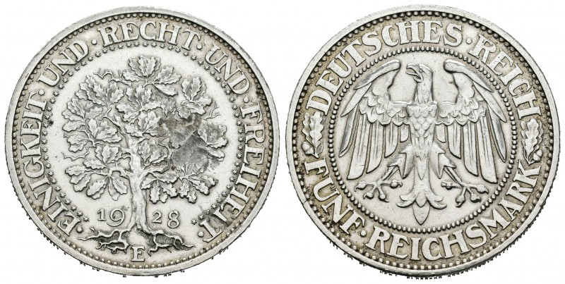 Alemania. Weimar Republic. 5 reichsmark. 1928. Muldenhutten. E. (Km-56). (Dav-96...