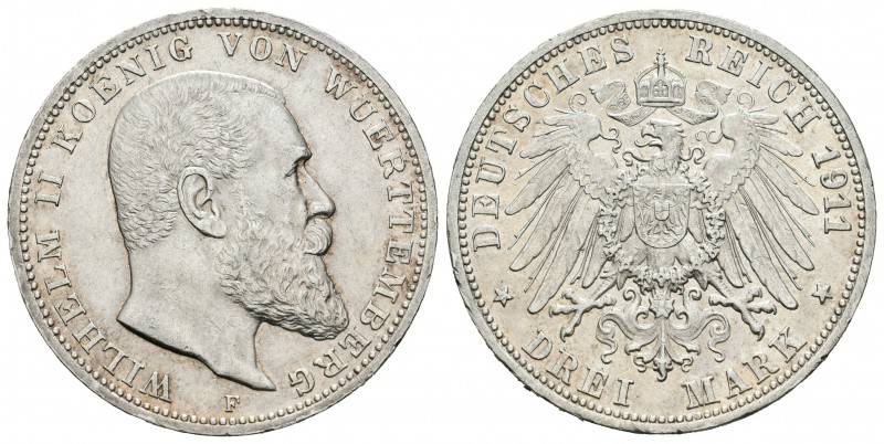 Alemania. Wurttemberg. Wilhelm II. 3 marcos. 1911. Stuttgart. F. (Km-635). Ag. 1...