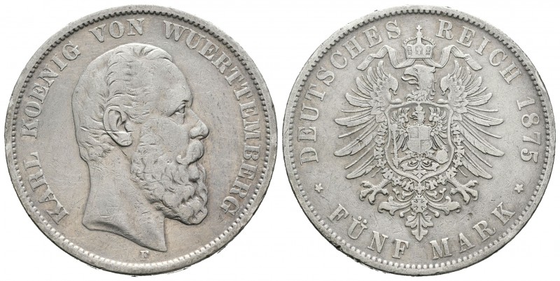 Alemania. Wurttemberg. Wilhelm II. 5 marcos. 1876. Freudenstadt. F. (Km-623). Ag...