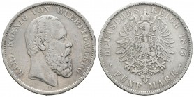 Alemania. Wurttemberg. Wilhelm II. 5 marcos. 1876. Freudenstadt. F. (Km-623). Ag. 27,47 g. MBC-. Est...50,00.