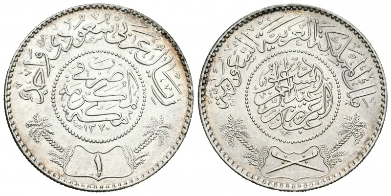 Arabia Saudí. Abd Al-Azid. 1 rial. 1370 H (1950). (Km-18). Ag. 11,65 g. SC. Est....