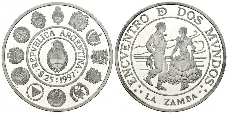 Argentina. 25 pesos. 1997. (Km-118). Ag. 27,02 g. Encuentro de dos mundos. La Za...