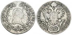 Austria. Francis I. 20 kreuzer. 1815. Viena. C. (Km-2142). (Fr-791). Ag. 6,25 g. BC. Est...15,00.