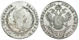 Austria. Franz Joseph I. 20 kreuzer. 1830. Praga. C. (Km-2144). Ag. 6,76 g. Manchas superficiales en anverso. EBC+. Est...35,00.