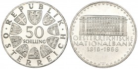 Austria. 50 schilling. 1966. PP. (Km-2900). Ag. 20,60 g. 150º aniversario del Banco Nacional de Austria. PROOF. Est...20,00.