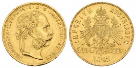 Austria. Franz Joseph I. 8 florines-20 francos. 1892. (Km-2269). Au. 6,44 g. Reacuñación oficial. Golpecito en el canto. Brillo original. SC-. Est...2...