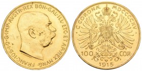 Austria. Franz Joseph I. 100 coronas. 1915. (Km-2819). Au. 33,88 g. Reacuñación oficial. Golpecito en el canto. SC-. Est...950,00.