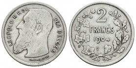 Bélgica. Leopoldo II. 2 francos. 1904. (Km-58.1). Ag. 9,88 g. DES BELGES. MBC-. Est...25,00.