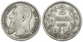 Bélgica. Leopoldo II. 2 francos. 1904. (Km-59). Ag. 9,88 g. DER BELGEN. MBC. Est...30,00.