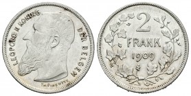 Bélgica. Leopoldo II. 2 frank. 1909. (Km-59). Ag. 9,95 g. DER BELGEN. EBC-/EBC. Est...40,00.