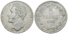 Bélgica. Leopoldo I. 5 francos. 1847. (Km-3.2). Ag. 24,89 g. Escasa. MBC+. Est...160,00.