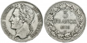 Bélgica. Leopoldo I. 5 francos. 1848. (Km-3.2). Ag. 24,82 g. MBC. Est...75,00.