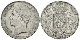 Bélgica. Leopoldo I. 5 francos. 1849. (Km-17). Ag. 24,86 g. Golpecitos. MBC-. Est...20,00.