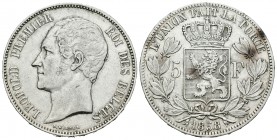 Bélgica. Leopoldo I. 5 francos. 1858. (Km-17). Ag. 24,94 g. Golpecitos en canto. Muy escasa. MBC+. Est...100,00.