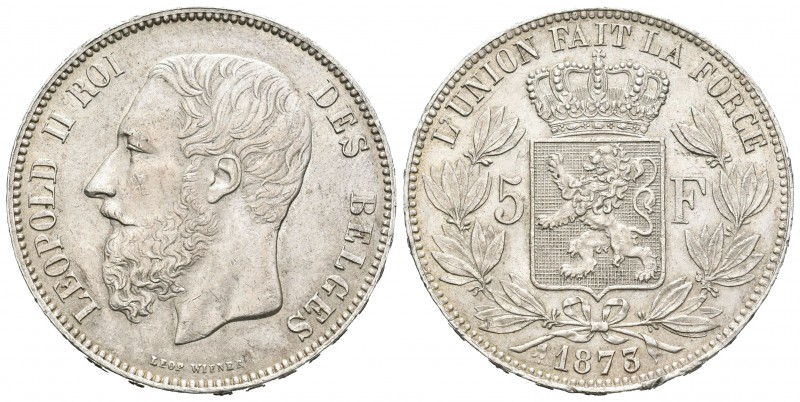 Bélgica. Leopoldo II. 5 francos. 1873. (Km-24). Ag. 24,98 g. Golpecitos en el ca...