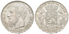 Bélgica. Leopoldo II. 5 francos. 1873. (Km-24). Ag. 24,98 g. Golpecitos en el canto. EBC. Est...60,00.