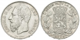 Bélgica. Leopoldo II. 5 francos. 1874. (Km-24). Ag. 24,95 g. MBC+. Est...20,00.
