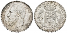 Bélgica. Leoplold II. 5 francos. 1873. (Km-24). Ag. 24,91 g. Golpecitos en el canto . EBC. Est...60,00.