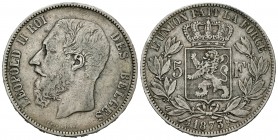 Bélgica. Leopold II. 5 francos. 1873. (Km-24). Ag. 24,64 g. MBC-/MBC. Est...20,00.