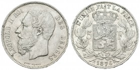 Bélgica. Leopoldo II. 5 francos. 1876. (Km-24). Ag. 24,96 g. MBC+/EBC-. Est...40,00.
