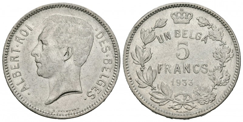 Bélgica. Alberto I. 5 francos. 1933. (Km-97.1). Rev.: UN BELGA. Ag. 13,76 g. Let...