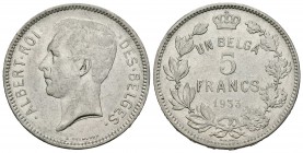 Bélgica. Alberto I. 5 francos. 1933. (Km-97.1). Rev.: UN BELGA. Ag. 13,76 g. Letras del canto boca arriba (posición A). MBC+. Est...30,00.