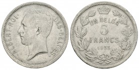 Bélgica. Alberto I. 5 francos. 1933. (Km-97.1). Ag. 14,17 g. UN BELGA. Escasa. MBC-. Est...50,00.