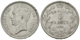 Bélgica. Alberto I. 5 francos. 1934. (Km-97.1). Rev.: UN BELGA. Ag. 13,62 g. Letras del canto boca abajo (posición B). MBC. Est...40,00.