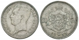 Bélgica. Alberto I. 20 francos. 1933. (Km-103.1). Ag. 10,93 g. Letras del canto boca arriba (posición A). MBC. Est...50,00.