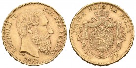 Bélgica. Leopold II. 20 francos. 1875. (Km-37). Au. 6,45 g. EBC+. Est...180,00.